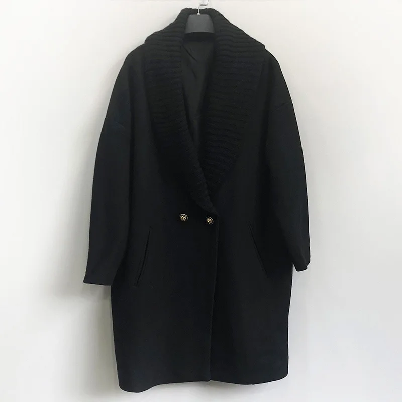 Женское шерстяное пальто двубортное с отложным воротником длинное для зимы |