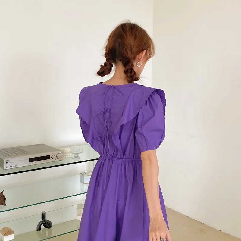 

KUSAHIKI Woman Dress Korean Pleated Ruffle Patchwork Dresses Puff Sleeve High Waist Back Bow Tie Vestido Feminimos 6H488