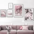 Настенная картина Fuji Nara с изображением цветущего вишневого оленя и журавля, Картина на холсте, плакаты и принты, настенные картины для декора гостиной