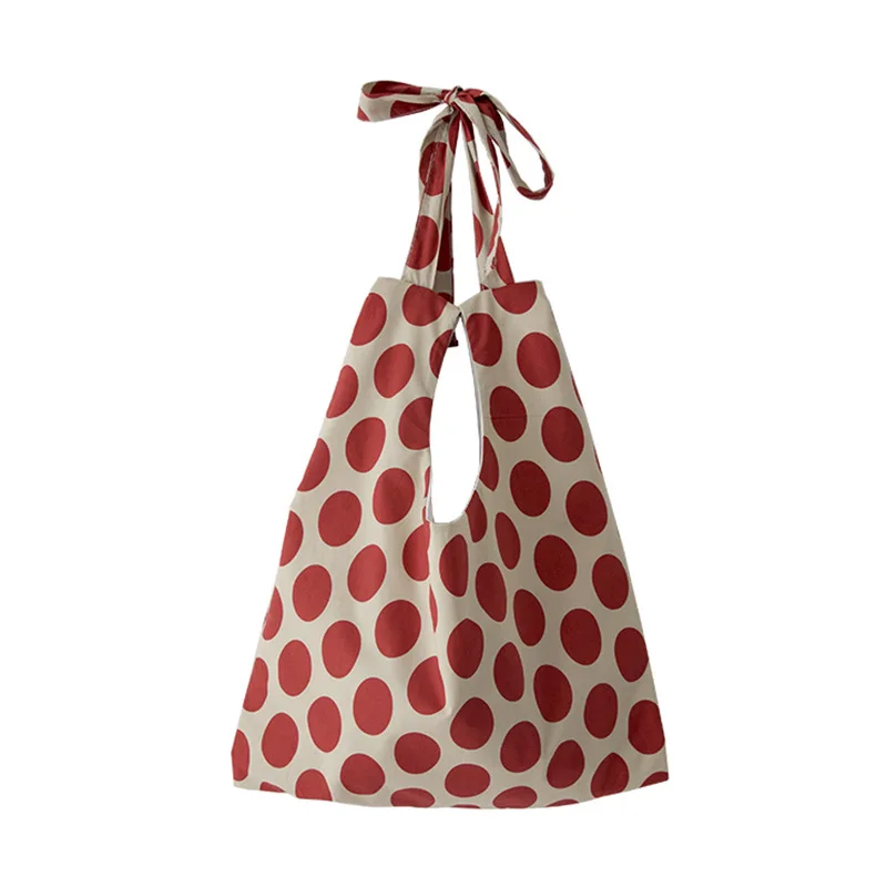 

Point Canvas Bag Red Wave Point Tie Girl Shoulder Bag Vintage Large Capacity Wave Point Canvas Handbags Simple Summer bag