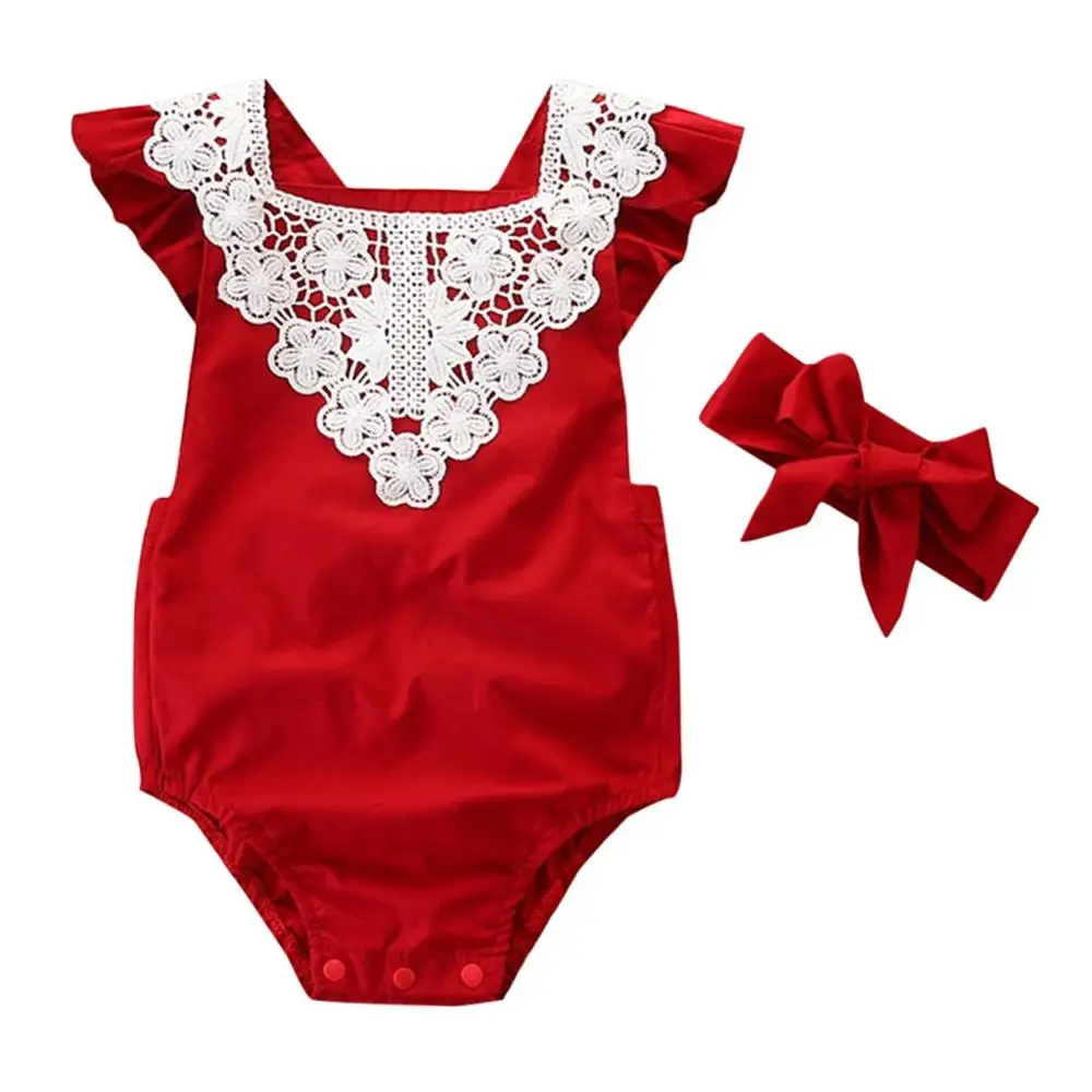 Baby Boys Girls Bodysuits Infant Newborn Sleeveless Lace Jumpsuit+Headbands Set Summer Toddler Outfit ropa #10F | Мать и ребенок