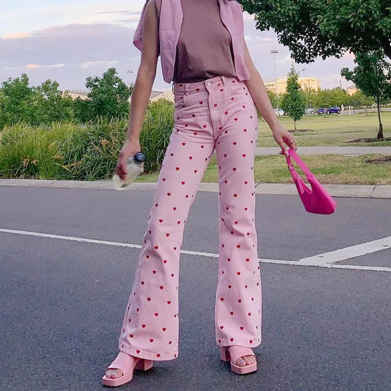 

Red Heart Print High Waist Sweet Female Long Flare Pink Y2k Pants For Women Bottoms Harajuku Aesthetic Slim Fitness Trousers