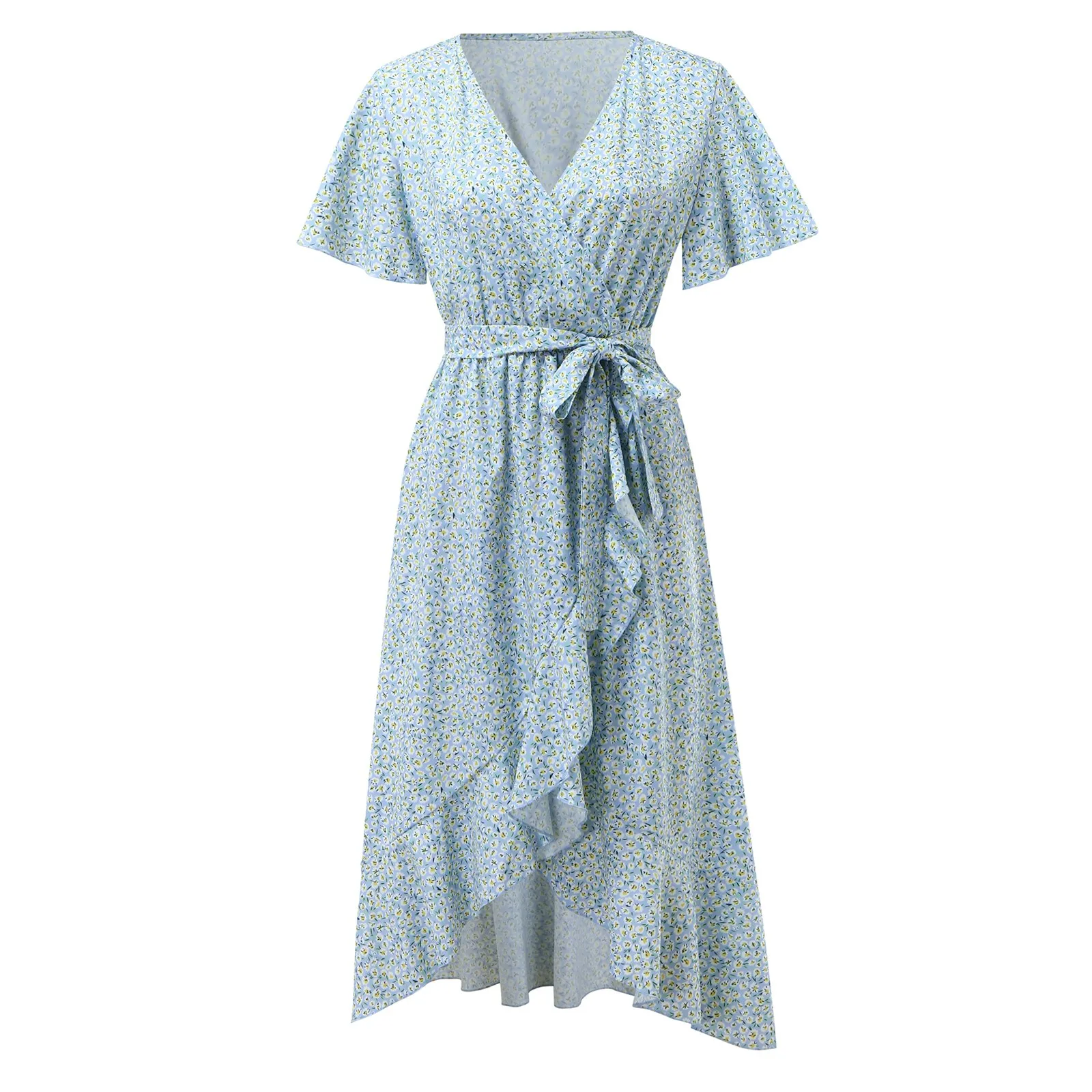 

40# Floral Print Ruffles Long Dress Women V-neck Short Sleeve Split Maxi Dresses For Women 2021 Bohemia Chiffon Robe Femme
