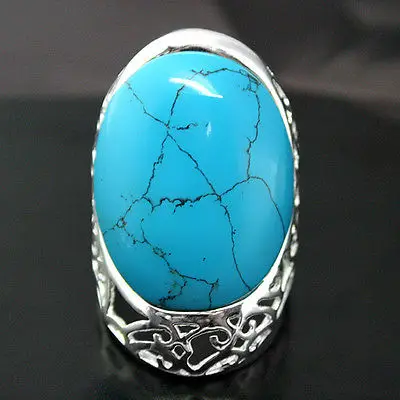 

unsex 27X33mm Solid 925 Silver Blue Natural jade fashion Ring Size 7/8/9/10