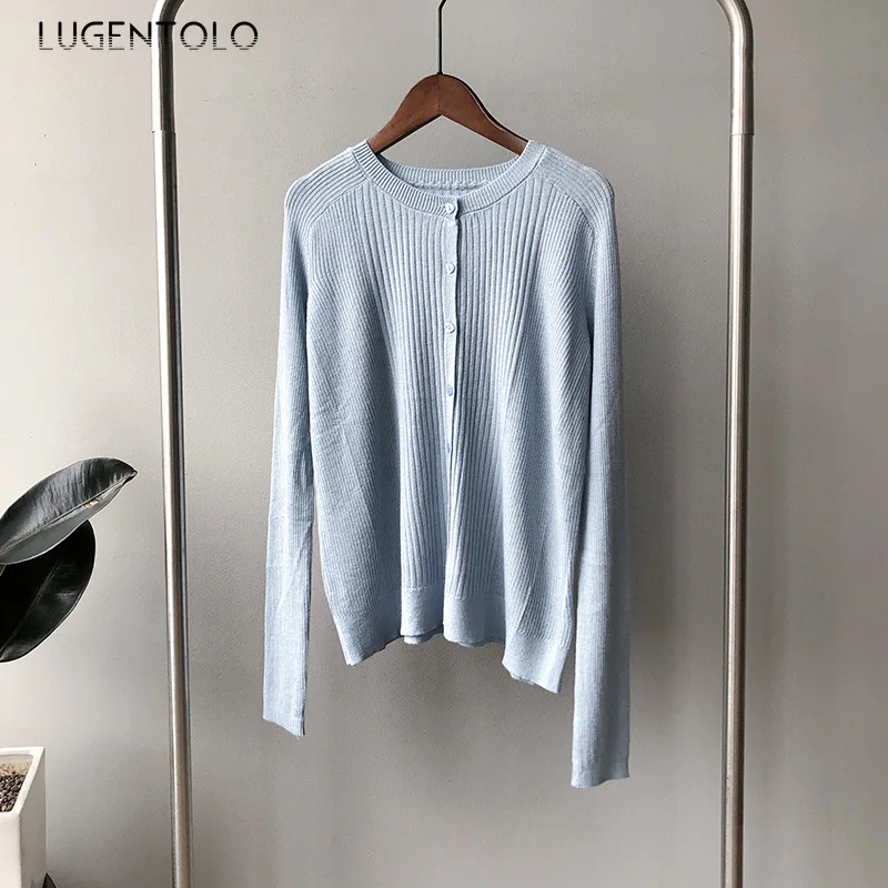 

Lugentolo Women Thin Cardigan Sweater Spring Autumn O-Neck Top Korean-Style Single-breasted Lady Gentle Simple Knitted Sweaters