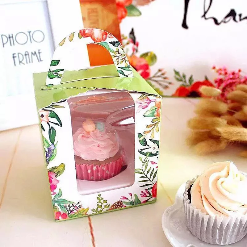 

Single Cupcake Packaging Box Portable Muffin Cake Boxes with Window Flower Paper Candy Cookies Holder