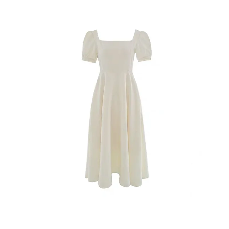 

2020 Summer New Women's Dress Light Color Luxury Fashion Light White Mature Quality Comfortable Square Collar Lantern Sleeve