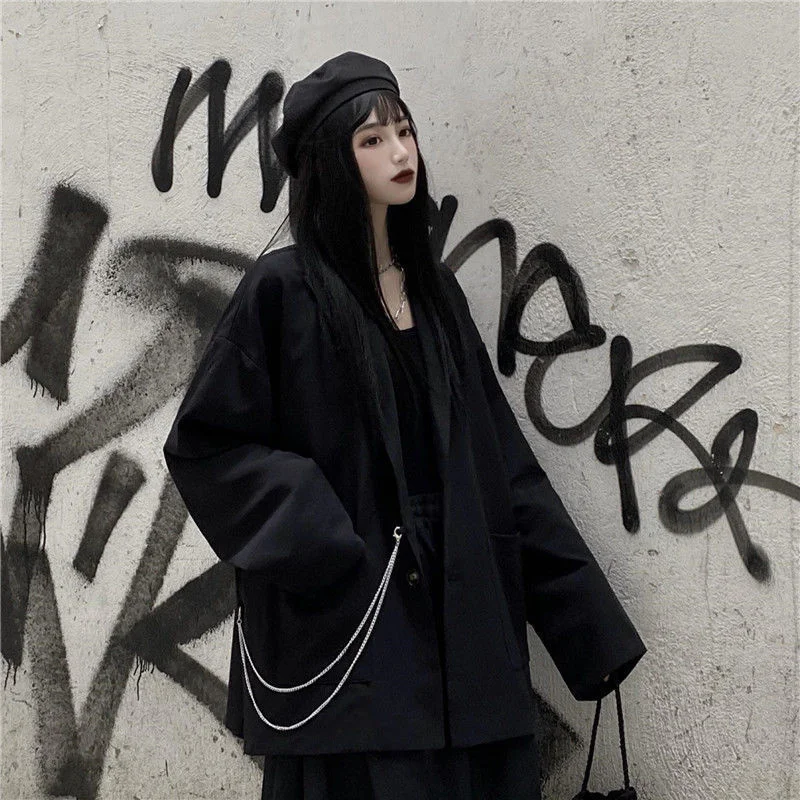 

Fashion Korean New Casual Suit Jacket Women's Office Work Slim Elegant V-neck Long Sleeve Retro Loose Thin Streetwear Blazer