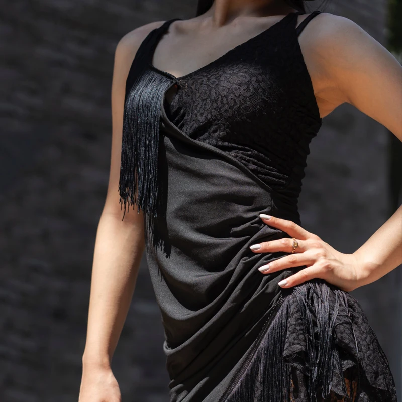 Женское платье для латиноамериканских танцев черное кружевное с бахромой одежда