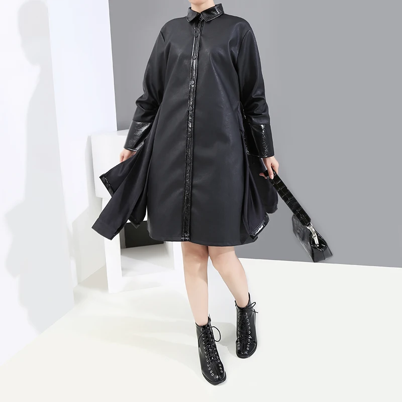 Новинка 2019 Женское зимнее однотонное черное платье рубашка из искусственной