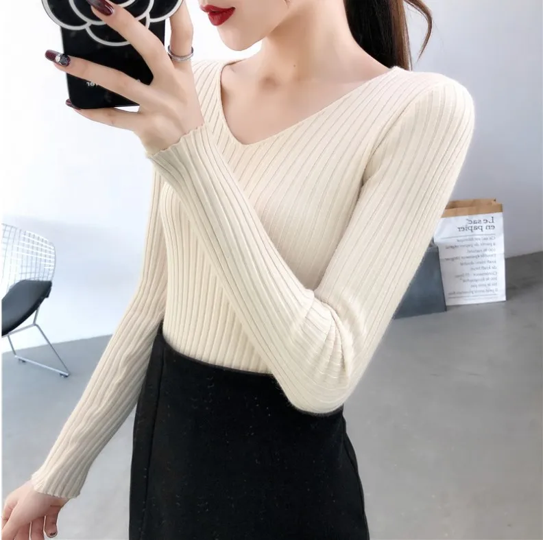 

Women Long Sleeve Sweater 2021 Spring Autumn New Korean Version Chic Pullover Slim Short Tops V-neck Elegant Office Lady Sweater