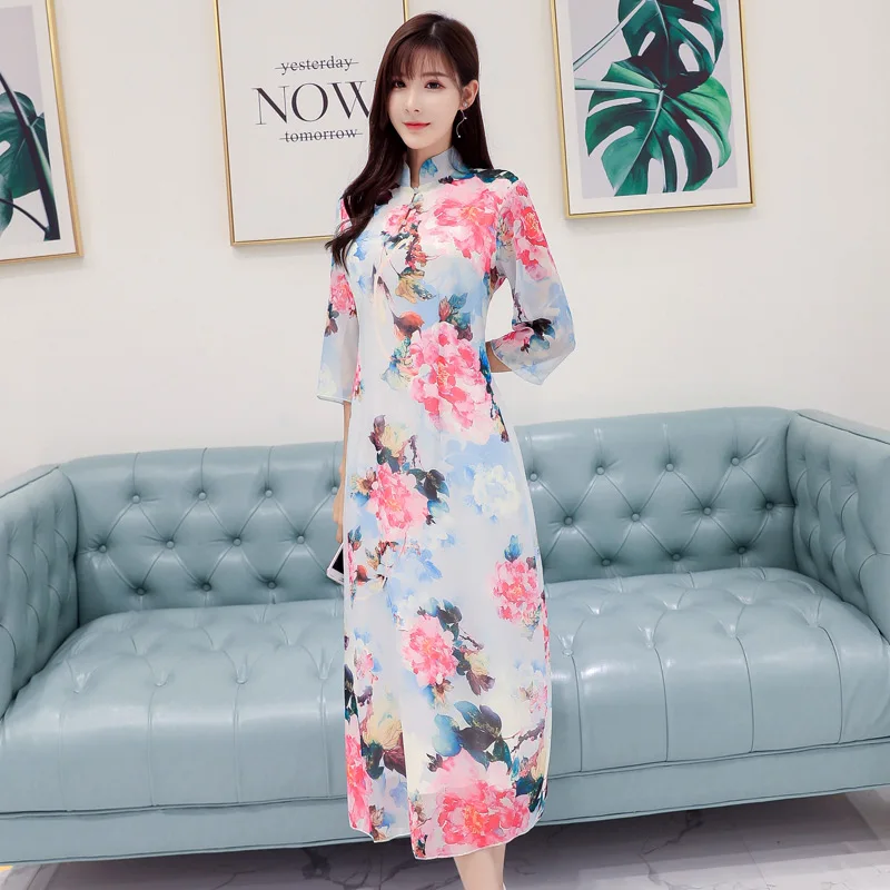

M~4XL Plus Size NEW Women Fashion Elegant Peony Print Cheongsam Qipao Lemale Lady Large Big Party Chinese Chiffon Dress Vestidos