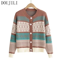 doujili women jumper retro geometric pattern cardigan vintage sweater 2021 oversized knitted cardigan