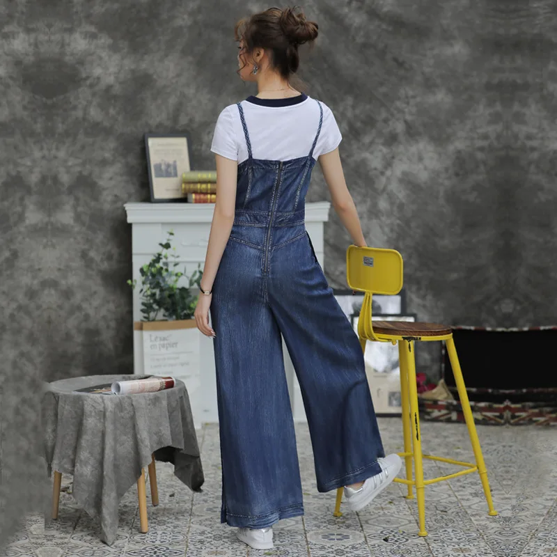 

Strapless Adjustable Belt Denim Overalls Women's Wide Leg Pants Retro Floral Embroidery Casual Jumpsuit Trousers TDZ306