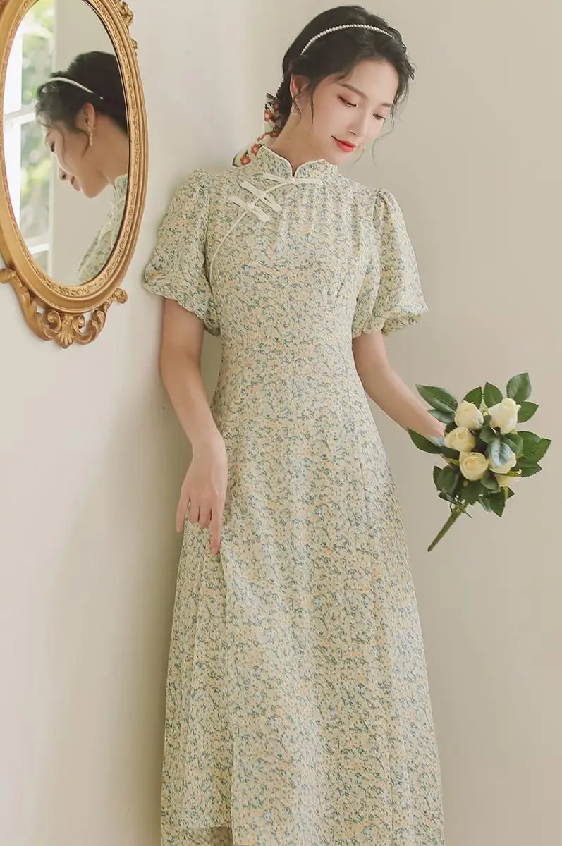 

COIGARSAM Chinese Style Women One-Piece Dress Korean Floral Print High Waist Dresses Green Flower Y1551