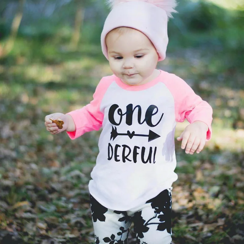 Модная футболка и штаны осенняя одежда для маленьких девочек младенец