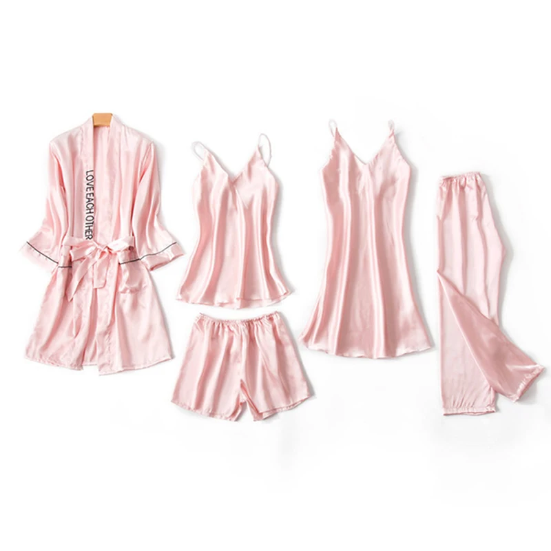 Женские пижамы 2020 5 шт. в наборе шелковая атласная однотонная Пижама сексуальные