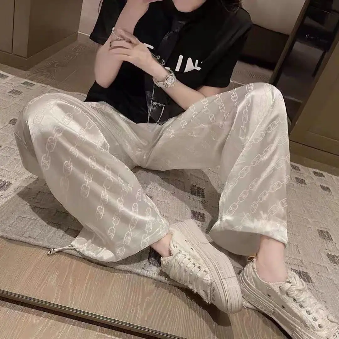 

Женские брюки с широкими штанинами, повседневные свободные прямые длинные брюки из вискозы, с высокой талией, на цепочке, уличная одежда, ле...