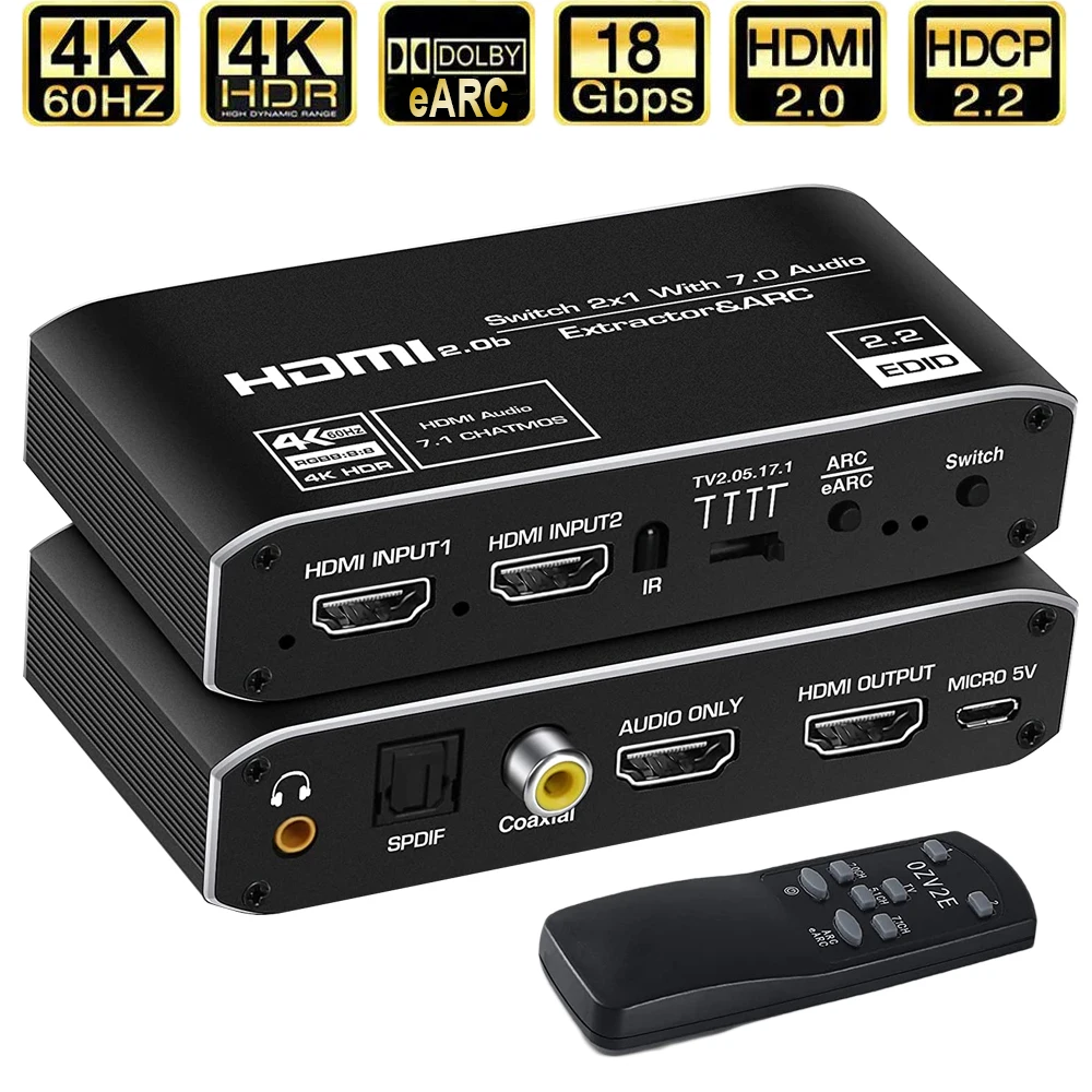 

2x1 4K HDMI Switch eARC Audio Extractor With ARC & Optical Toslink HDMI 2.0 Switch 4K 60Hz HDMI Switcher Remote for Apple TV PS4