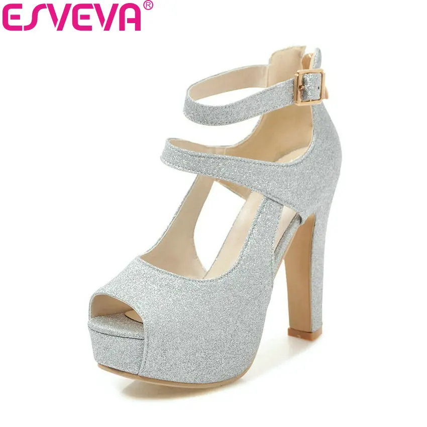 Женские летние сандалии ESVEVA на молнии высоком квадратном каблуке с пряжкой