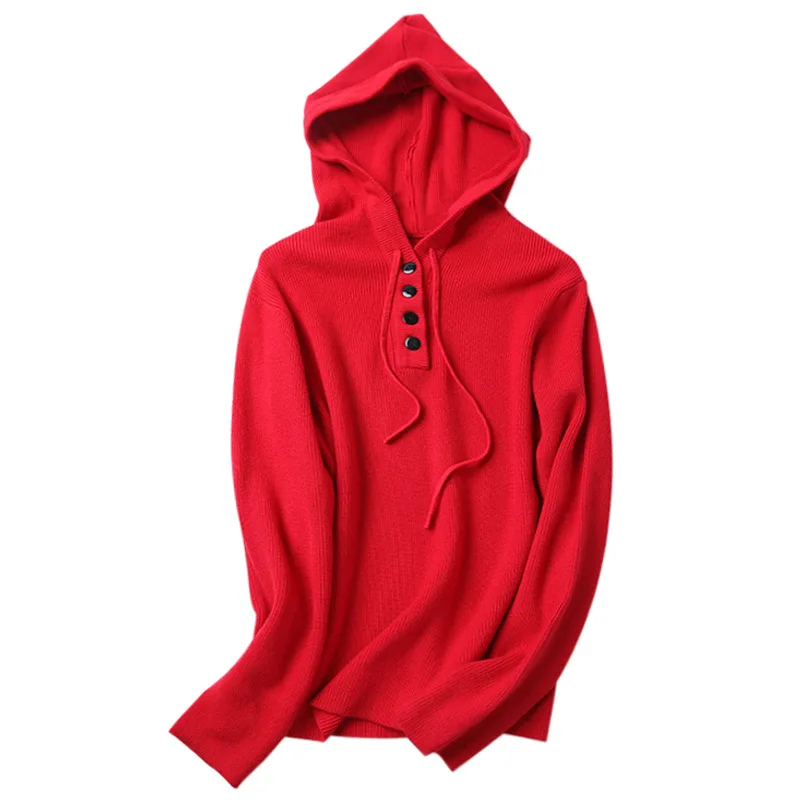 

Spring and autumn hooded loose women's sweater knitting women's button cardigan top solid color hat belt long sleeve top