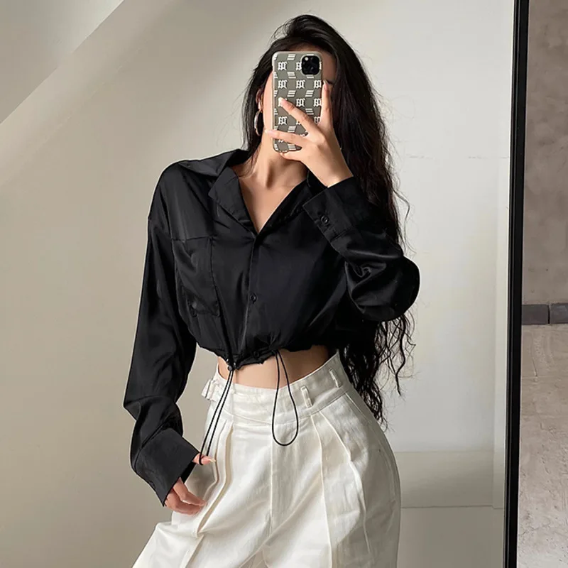 

Europe 2021 New Lapel Hem Drawstring Loose Short Navel Black Full Sleeve Shirt Top Blouse Autumn PGB8