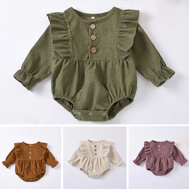 

Baby Girl Rompers Corduroy Jumpsuit Newborn Casual Costume Wear Lace Sleeves Clothing with Button Girl Clothes