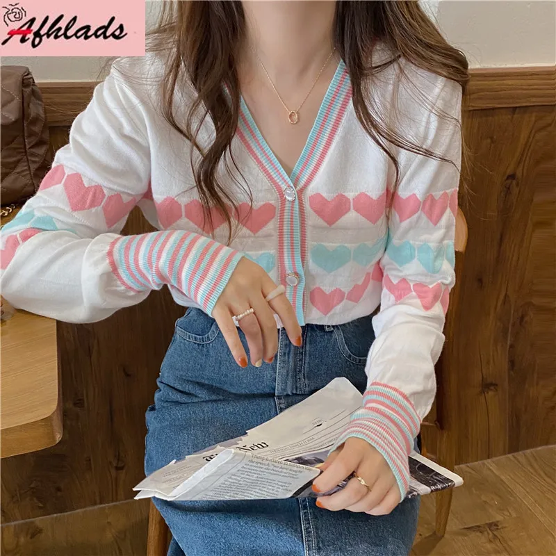 

Autumn And Winter Print Contrast Cardigan Loose Coat Knitted Sweater Jackets Long Sleeved Single-Breasted V-Neck Outerwear