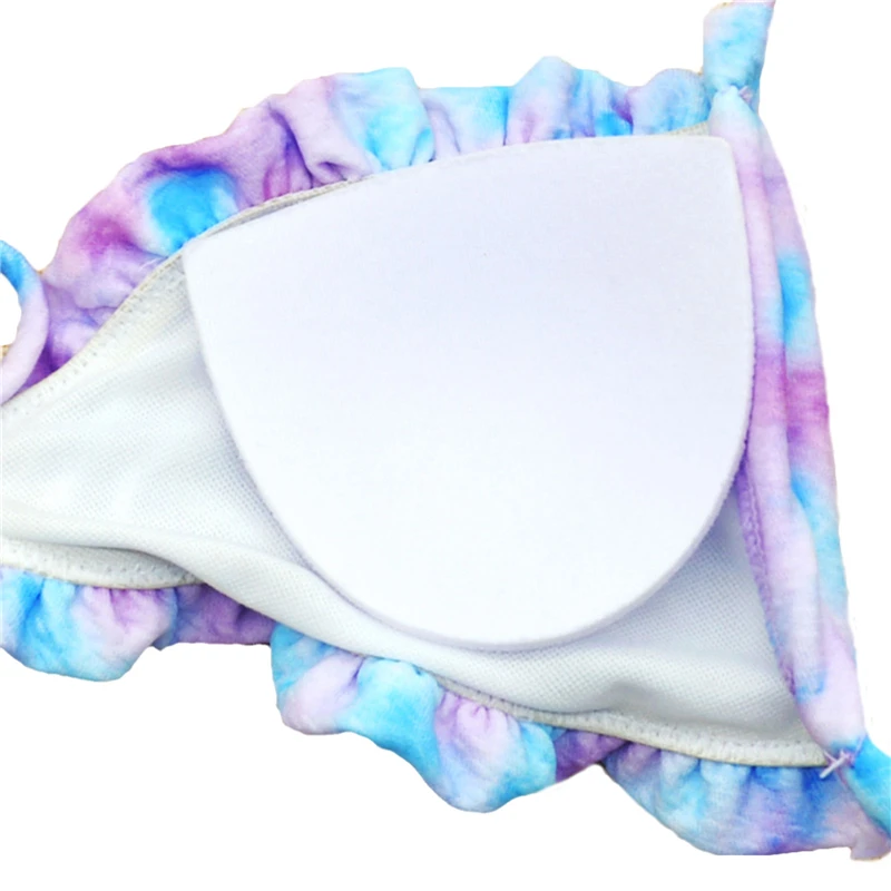 

2021 Fashion Womens Sexy Two Piece Bikini Suits Tie-dye Ruffles Camisole and Lace-up Mid-waist Thong Summer Beach Swimwear