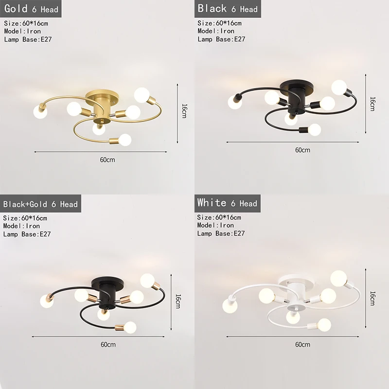 Винтажная потолочная лампа E27 с 6 железными черными/белыми/золотыми головками