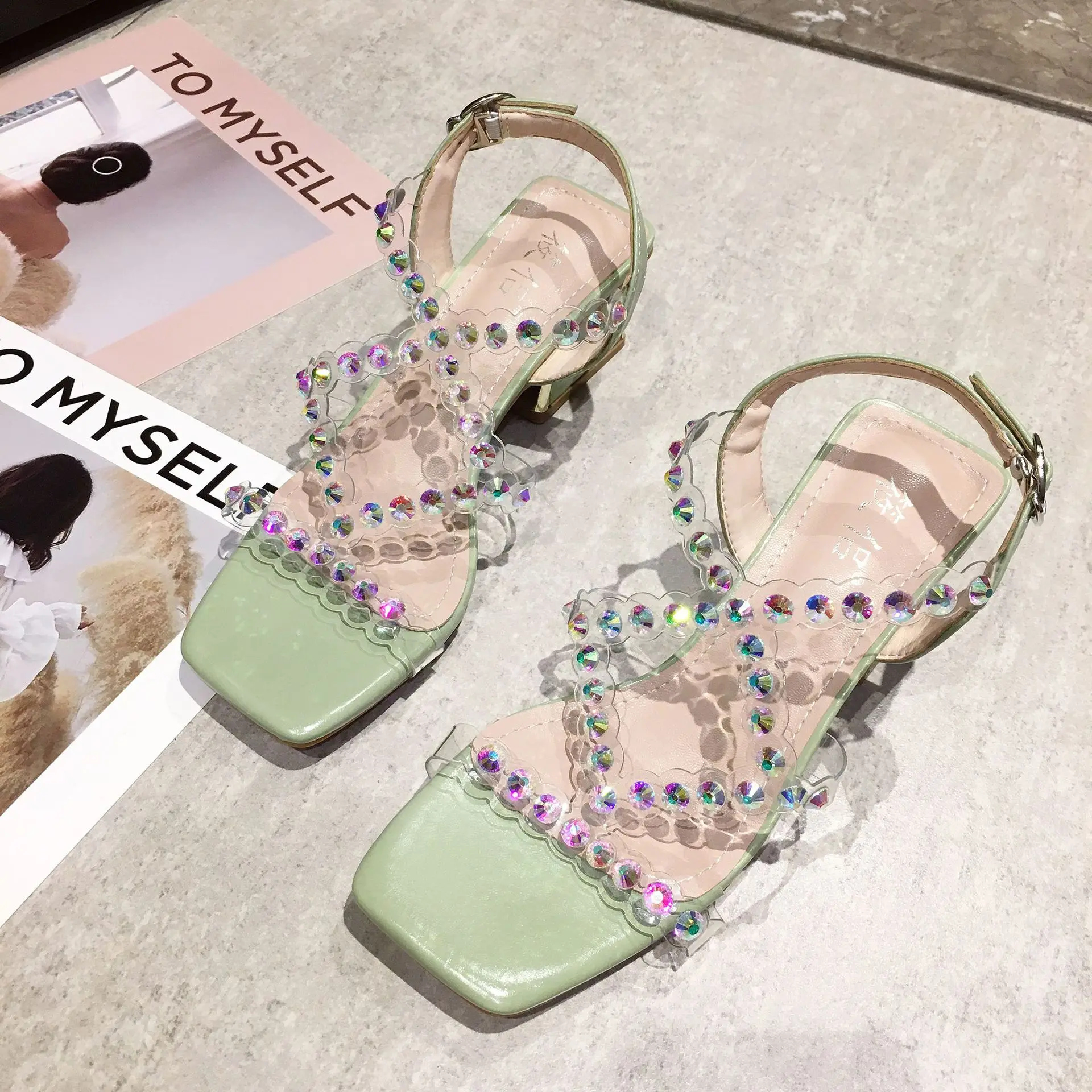 

Rhinestone Sandals 2021 Summer Female Shoe Block Heels Med Large Size Girls Beige Chunky Fashion Medium Comfort New Big Crystal
