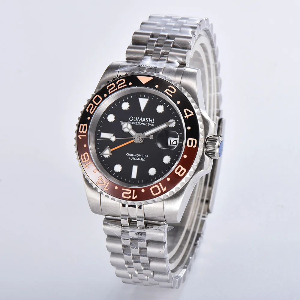 

oumashi stainless steel automatic mechanical men's watch men GMT black orange bezel sapphire glass blue luminous date