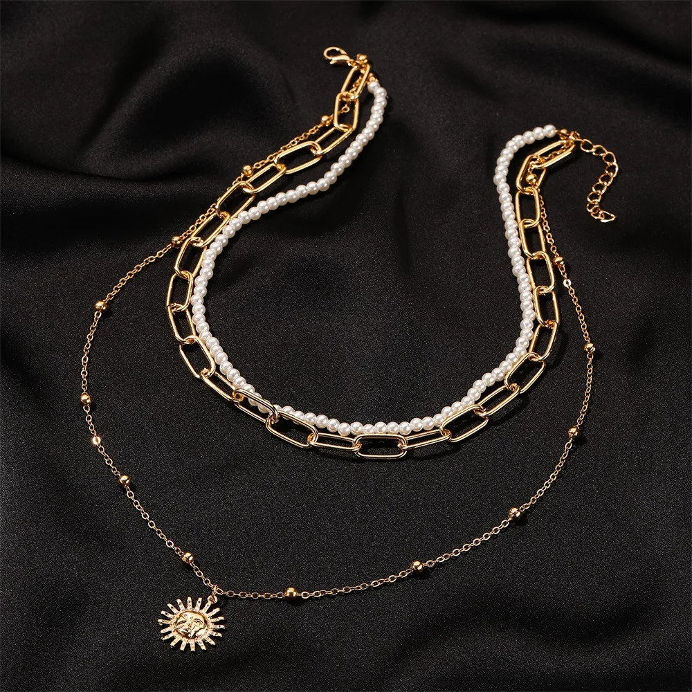 

2021 новый многослойный жемчуг широкая металлическая цепочка ожерелье винтажная бусина золотое солнце кулон ожерелье Модные женские вечерн...