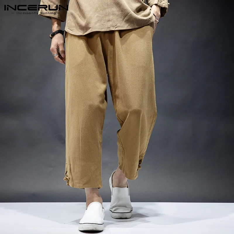 

Винтаж Для мужчин брюки шнурок одноцветное Цвет хлопковые свободные уличная Повседневное брюки Для мужчин 2021 Ретро Pantalones Hombre S-5XL INCERUN