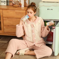 warm women fleece pajamas set 2 pieces lounge sleepwear turn down collar lace patchwork winter thick female homewear suits