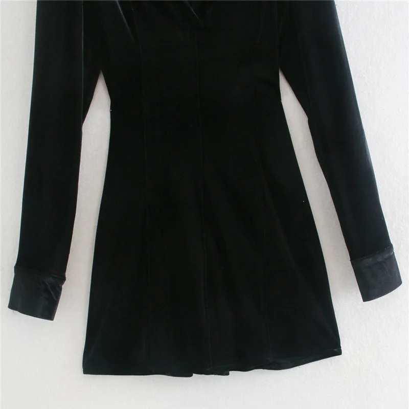 

Qeils Women Fashion Black Velvet Fitted Mini Shirt Dress Casual Vintage V Neck Long Sleeve Female Dresses Vestidos Mujer
