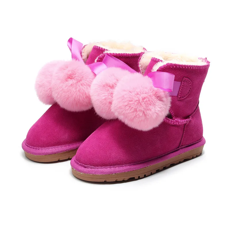 rose pink Настоящий помпон лисий мех девушки зимние сапоги из натуральной австралийской овчины дети теплые зимние пинетки противоскользящие уличные утолщенные меховые ботинки - Цвет: rose pink