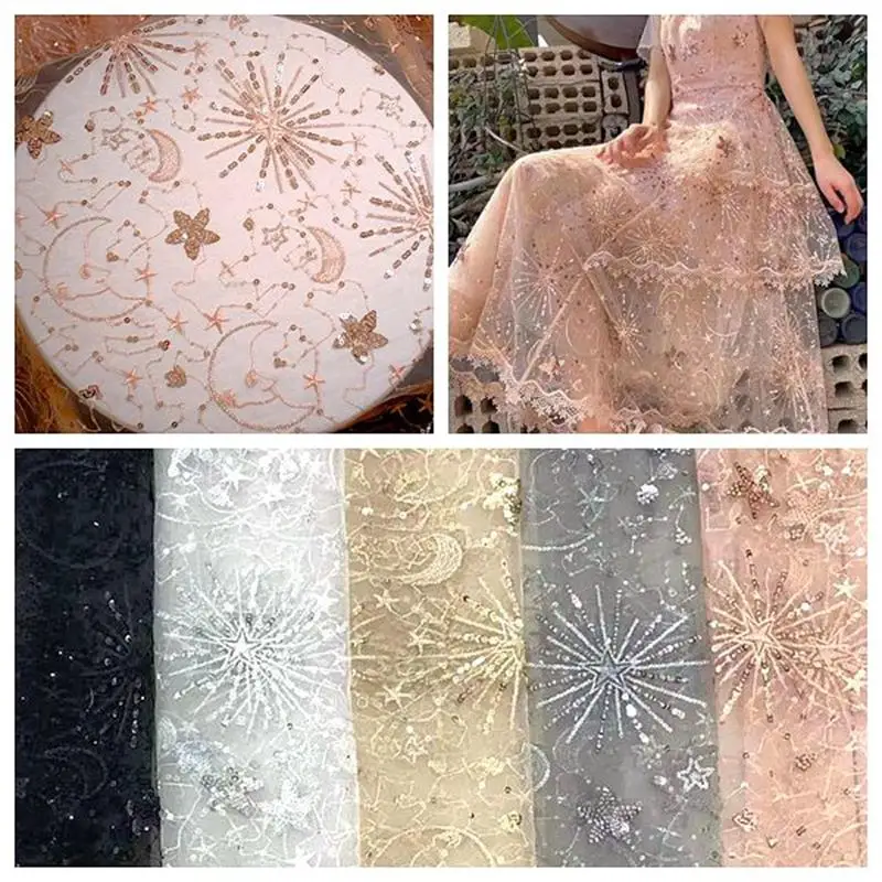

1Meter Star Moon Shiny Sequins Dress Net Yarn Embroidery Lace Fabric For Sewing Prom DressTulle Skrit Needlework Free Shipping