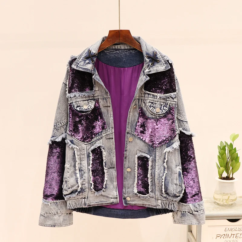 

Purple Sequins Spliced Jeans Jacket Women Autumn New Streetwear Style Cool Denim Jackets Casual Harajuku Loose Outwear Jackets