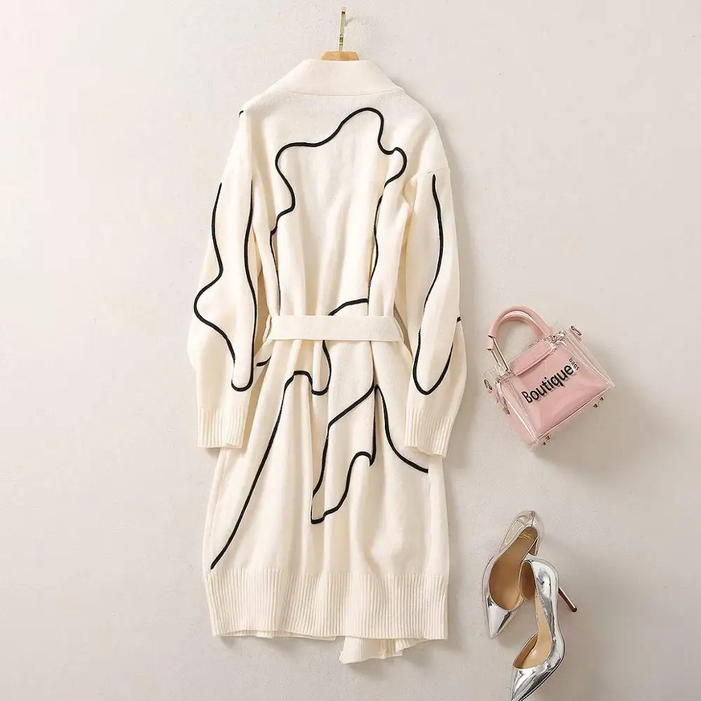 

women's European and American wear 2021 winter new style Long sleeve geometric lines lace-up Fashion cardigan knit jacket