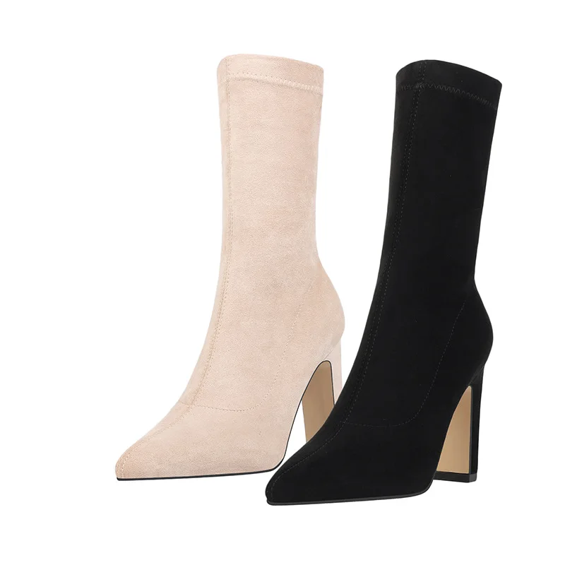 

Plus Size High Heel Boots Sock Women 2020 Flock Shoes Sexy Party Thick Heel Ankle Booties Female Winter Pointed Toe Boots Shoes