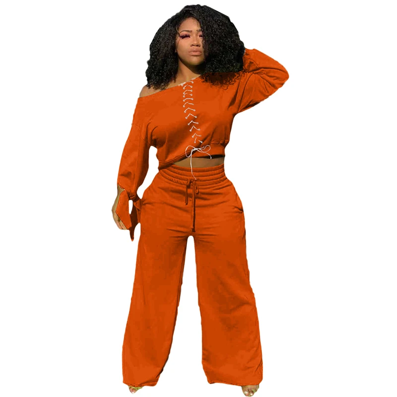 

Two Piece Set Tracksuit Women Autumn Clothes Solid Long Sleeve Bandage Crop Top and Wide Leg Pants Leisure Suits Casual Outfits