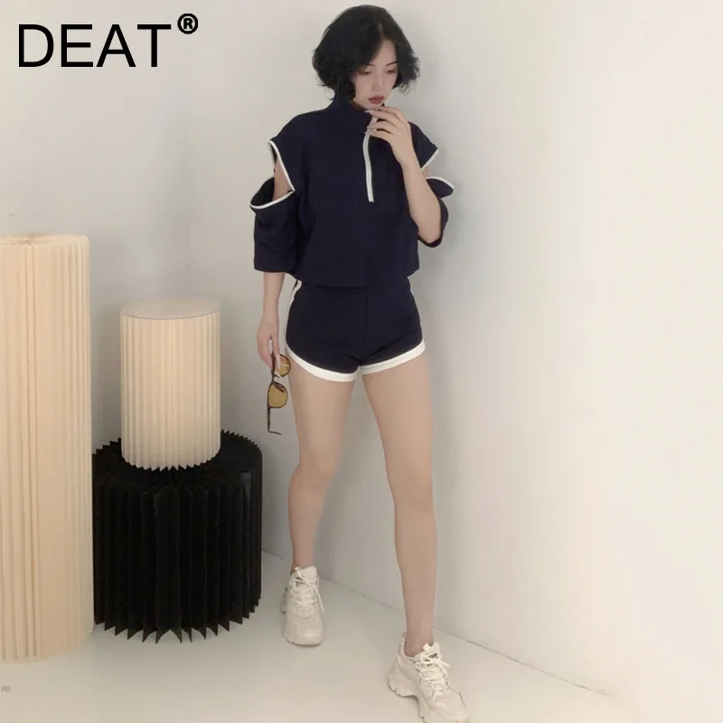 

Женский тонкий костюм на молнии DEAT, темно-синий спортивный повседневный костюм составного кроя с воротником-стойкой и коротким рукавом, 7E340,...