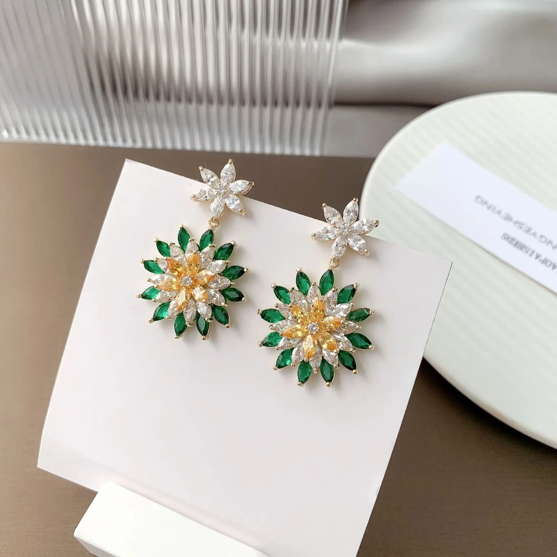 

Fashion Sparkling Green Pink Crystal Flower Drop Earrings For Women Wedding Party Jewelry, Engagement Earings Female Accessories