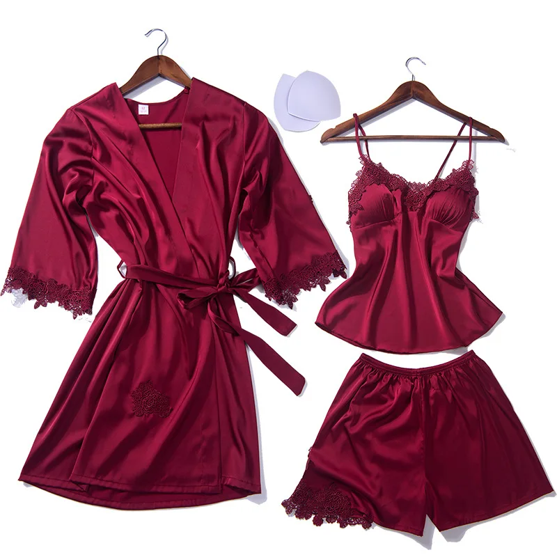 

New Nightwear Silky Pajamas Sexy Night Gown Shorts Embroidered Robe 3PCS Korean Home Clothes Simple Sleepwear Vestido Mujer