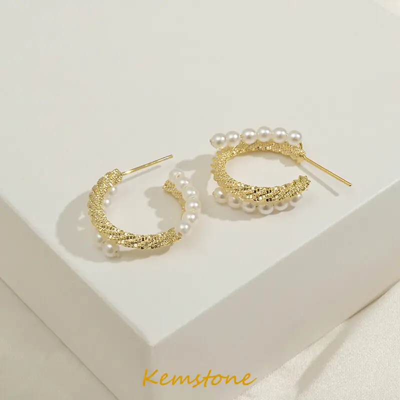 

Kemstone Gold Plated Jewelry Silver 925 Original Post Pearl Hoop Earrings Women