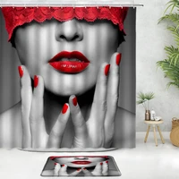 sexy woman red lips shower curtain set bath mat eyes with ribbon black and white gray modern art decor bathroom non slip carpet