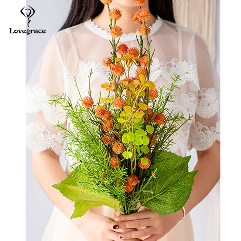 Lovegrace Bridal Wedding Long Bouquet Artificial Silk Pompon Flowers Fake Pine Needles Leaves Pink Photography Supplies | Свадьбы и