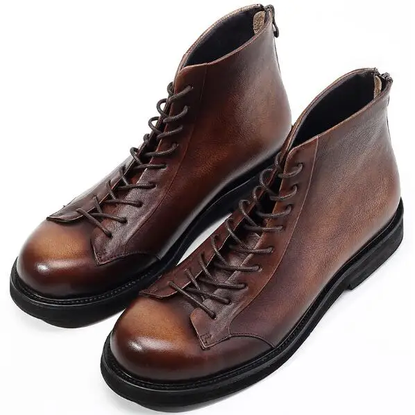 

England Style Round toes short Martin Boots for men casual Men shoes Lace up Worker Boots Genuine Leather Ankle Men's Boots