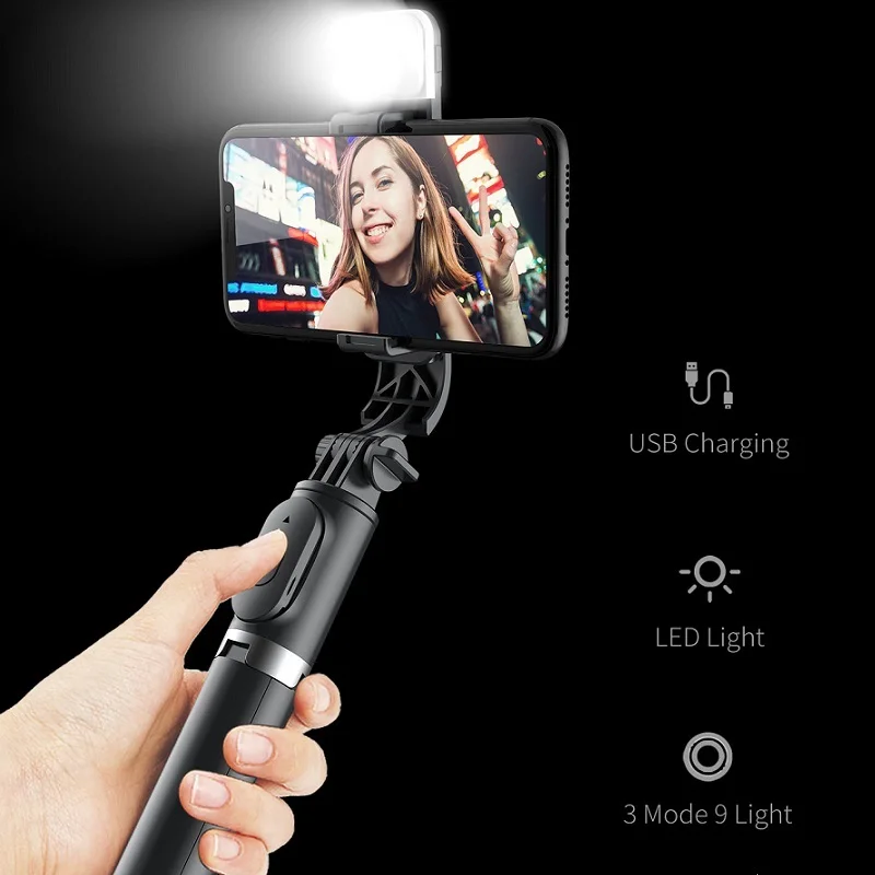

KAIQISJ Q02S Wireless bluetooth selfie stick foldable mini tripod with fill light shutter remote control For Huawei IOS Android